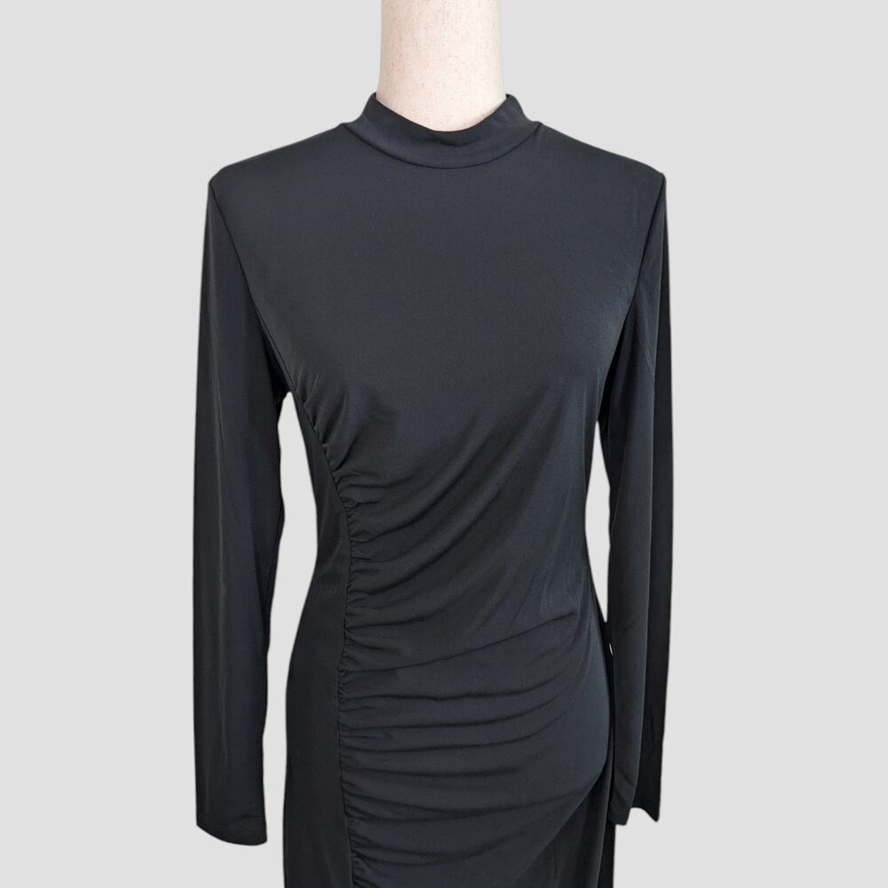 Future Collective Long Sleeve Mock Neck Ruched Black Midi Dress Women’s Medium - Picture 2 of 16